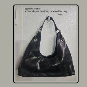 Banana Republic Rich Black Leather Small Shoulder Bag Baguette Silvery Oval Ring